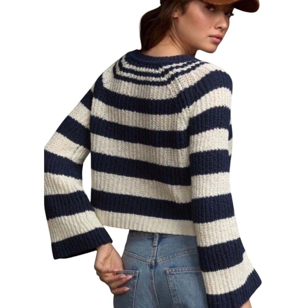 Pilcro Navy Striped Open-Knit Henley Sweater 1X Cotton Blend